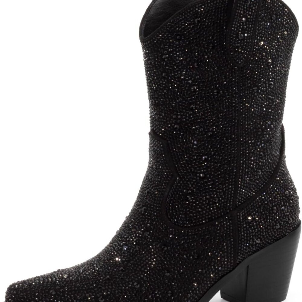 Women’s Rhinestone Cowboy Boots Faux Leather Size 11 Pointed Toe Block Heel